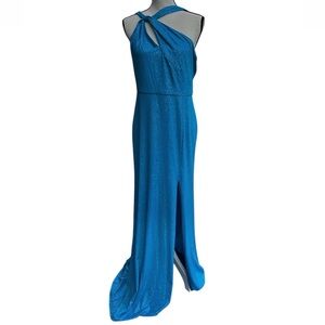 Jules & Cleo Blue Glitter One Shoulder Gown Dress Long Sleeveless Size 12 NWT